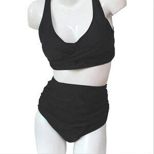 retro style rouched black high waisted swimsuit large